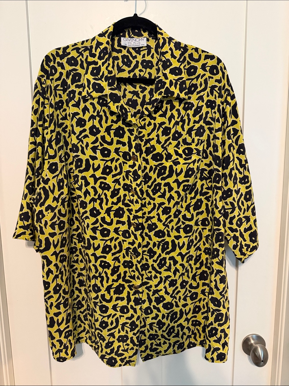 Vintage Givenchy Plus Size Yellow and Black Animal Floral Print Button Down